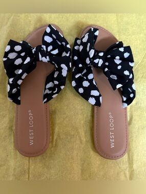 west loop Black & White Bow Slide Sandals with Tan Footbed
